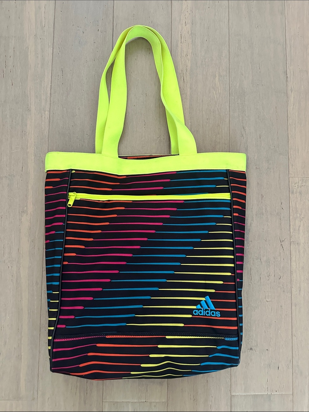 adidas Black Tote with Neon Yellow Trim and Multicolor Stripes Zip Top